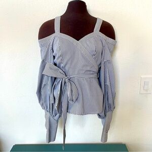 Blue & White Stripe Boatneck Top Off Shoulder Long Sleeve Women’s Blouse Size S